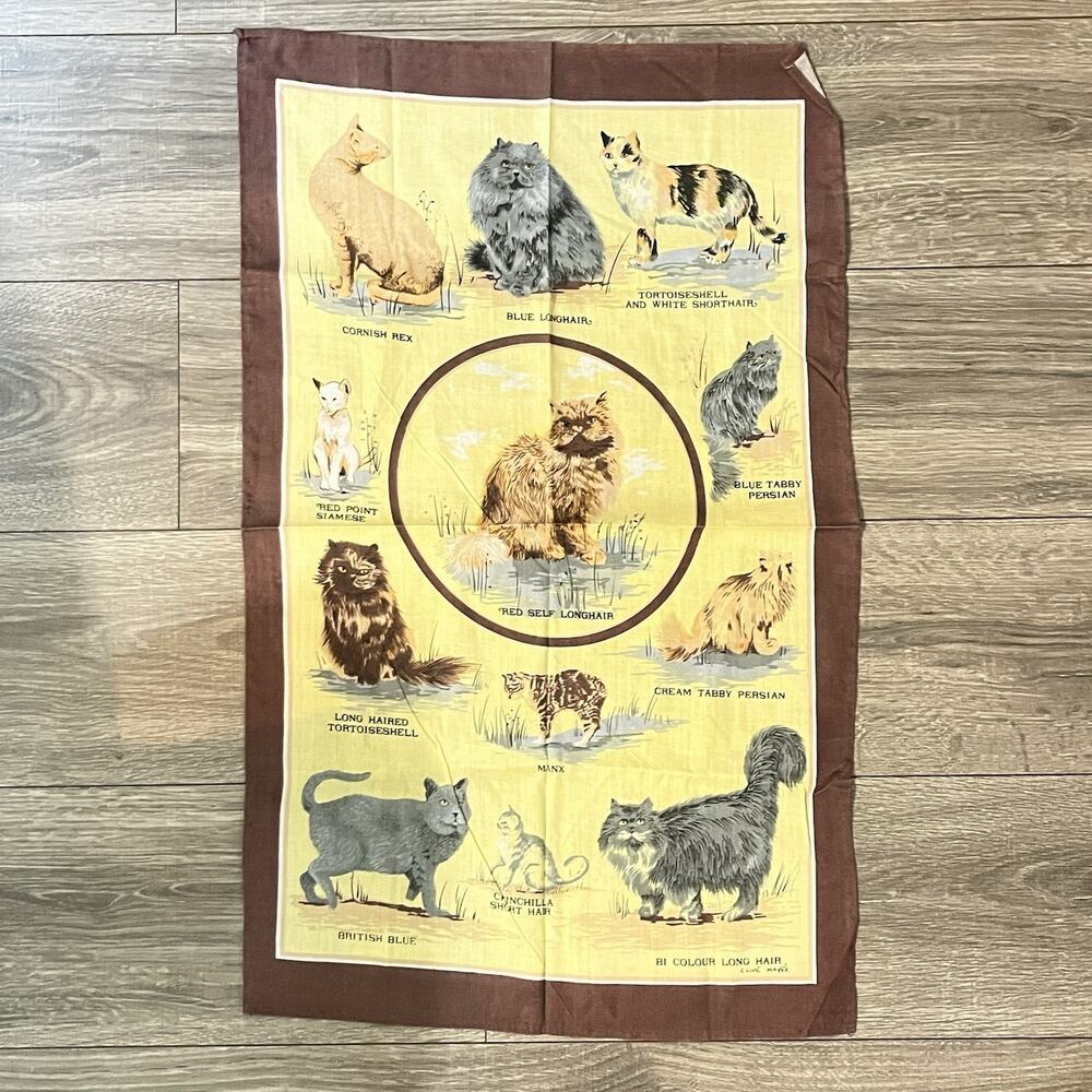 vintage linen tea towel 12 cat breeds clive mayor brown‎ yellow